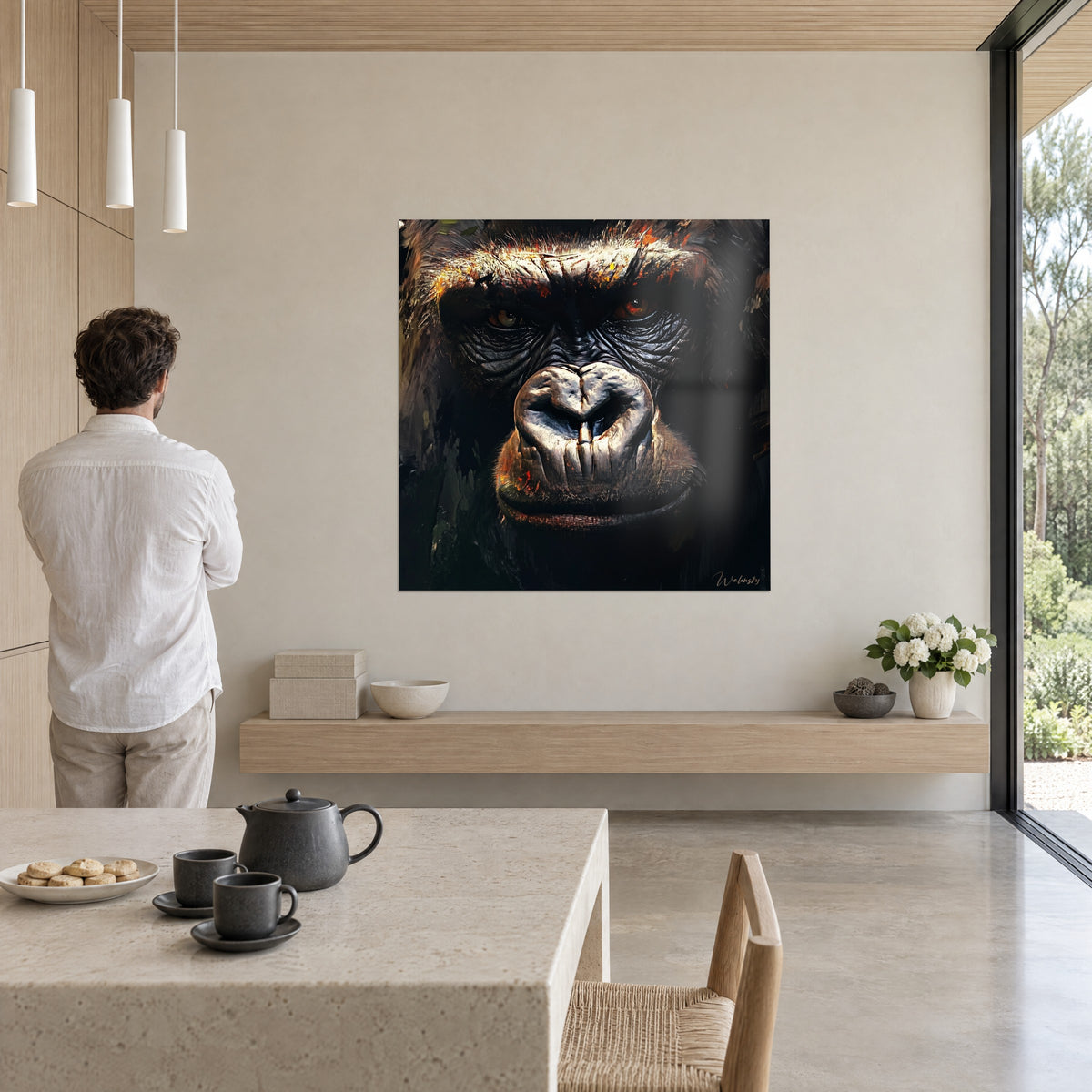 Quadro ritratto di grande scimmia, rughe scolpite azzurrate e riflessi ramati, uomo in camicia bianca, soggiorno di architetto