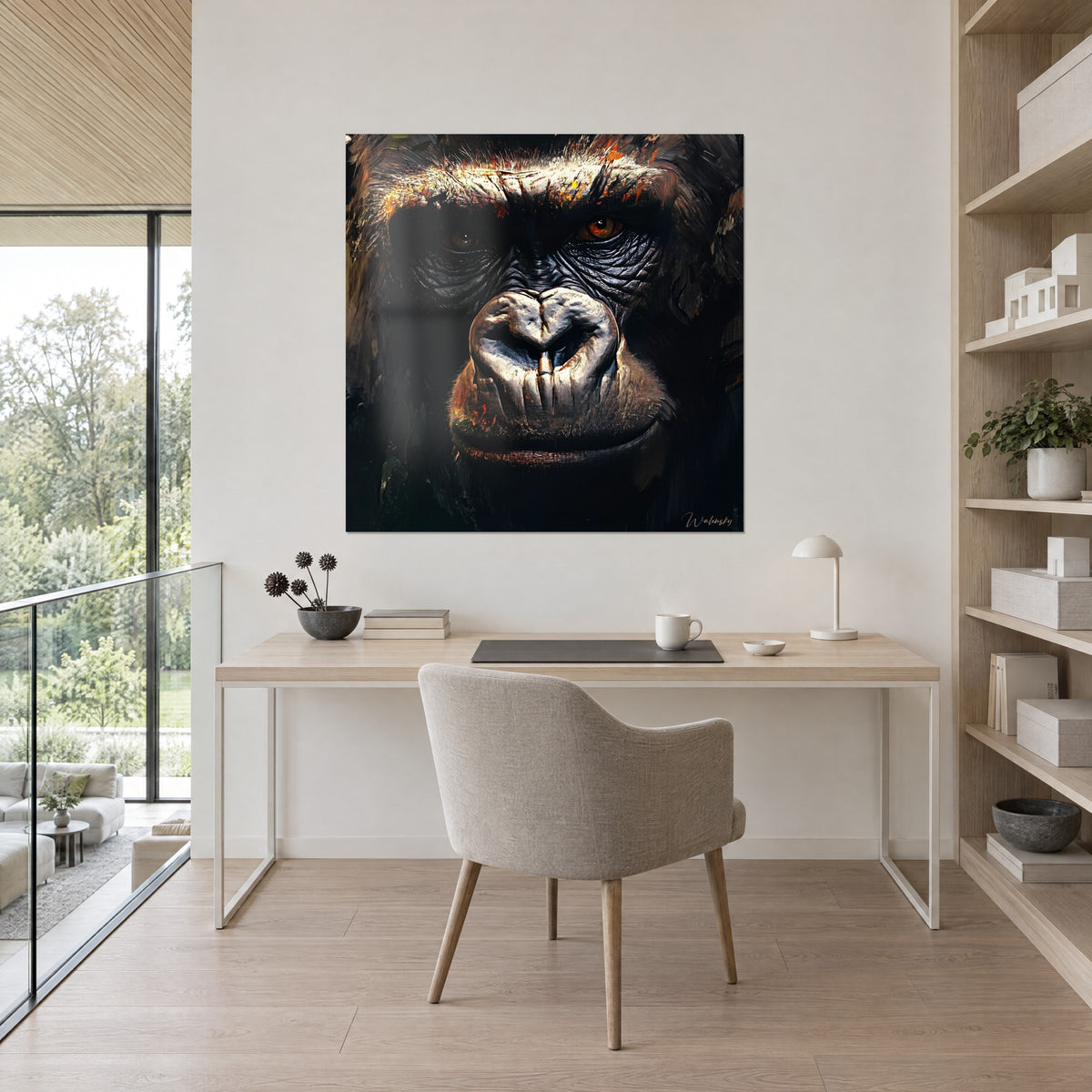 Quadro di silverback in pittura materica, fronte ramata, sguardo fulvo e pelo scuro, alla parete di un ufficio in legno chiaro