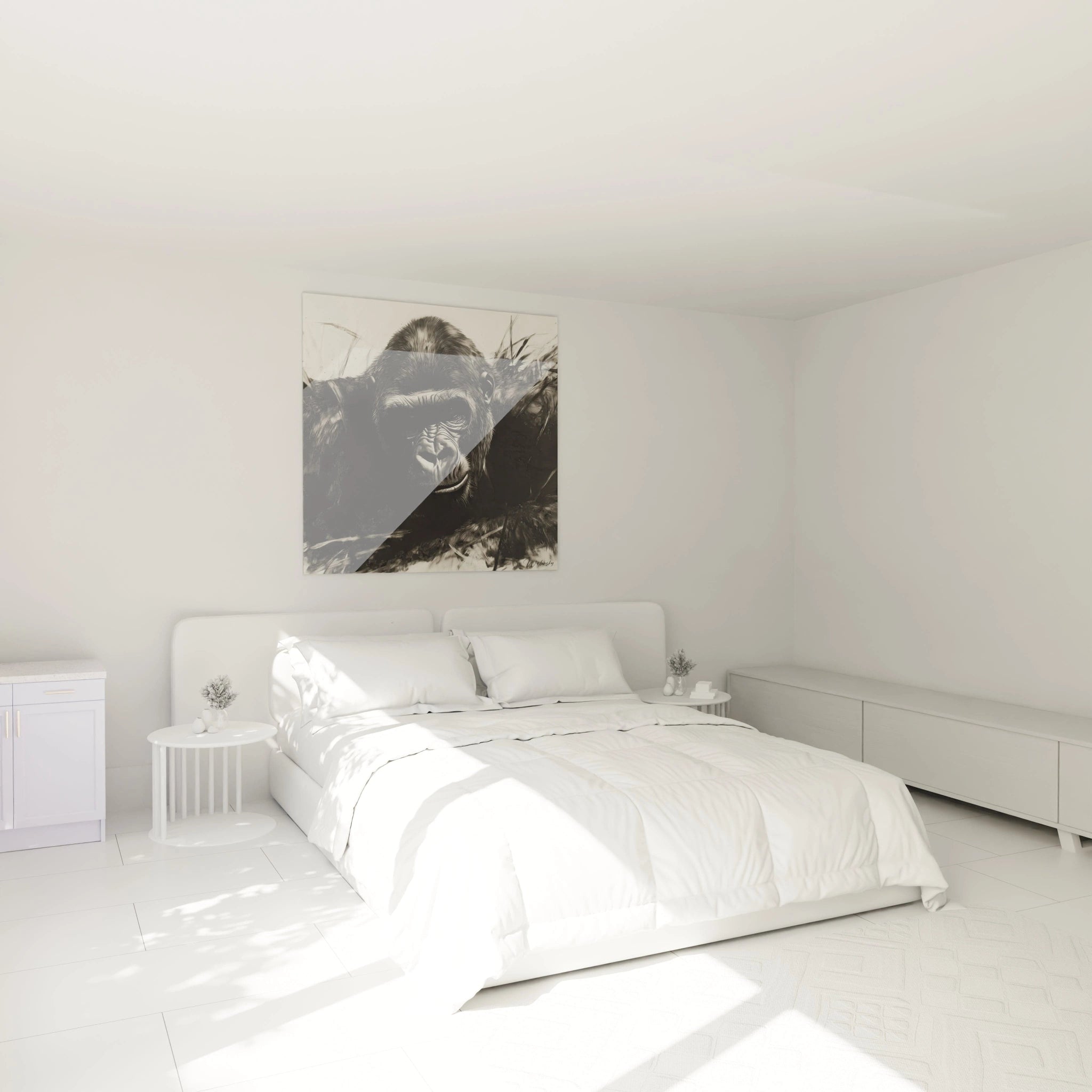 Tableau gorille de Walensky accroché au mur dans une chambre lumineuse et moderne