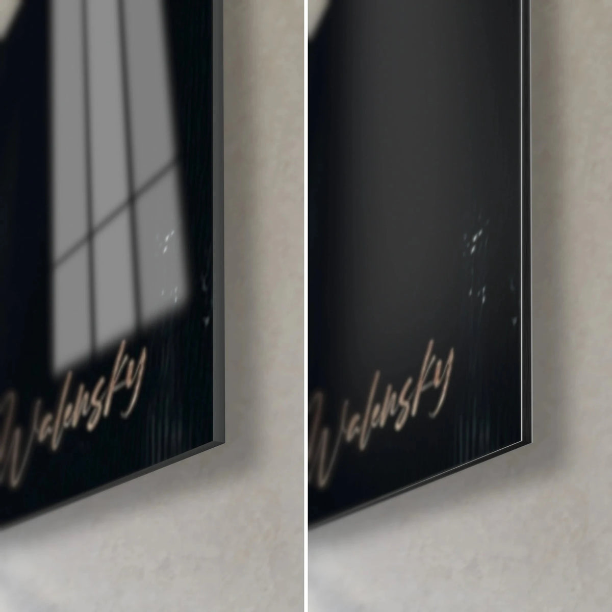 Wall art gorilla face in black and orange, bottom right corner: gold signature, glossy glass reflecting the window, matte Dibond