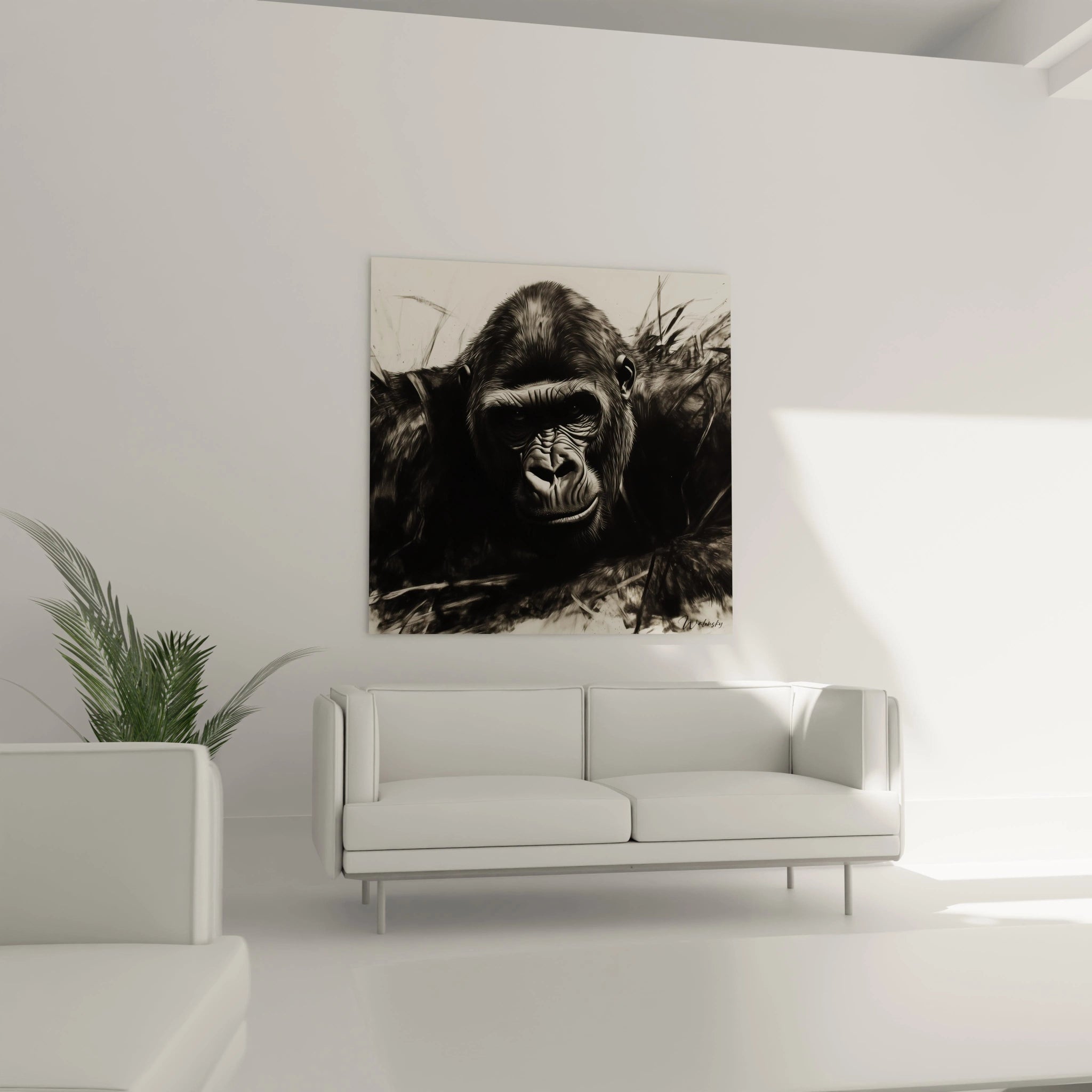 Tableau gorille en noir et blanc par Walensky, parfait pour une décoration intérieure moderne
