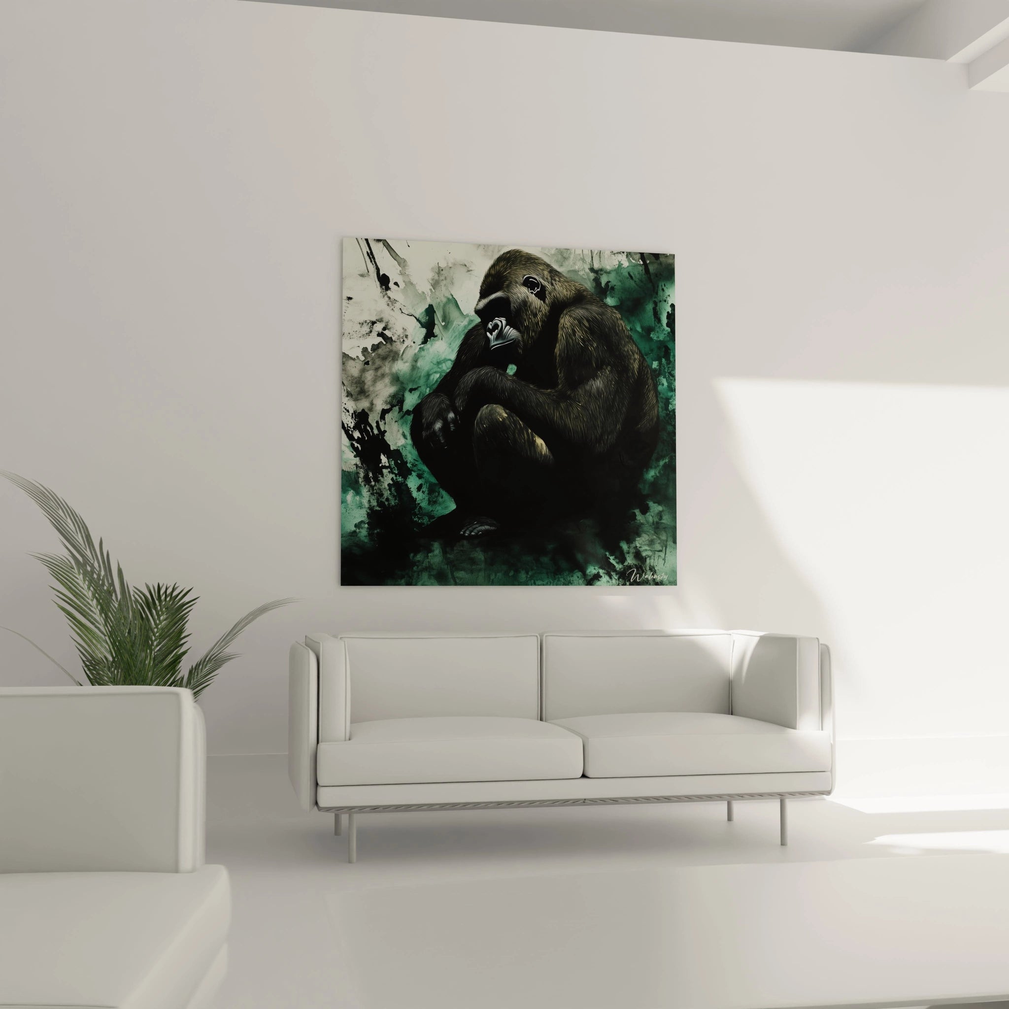 Tableau gorille Walensky sur mur vert, parfait pour décorer un salon moderne