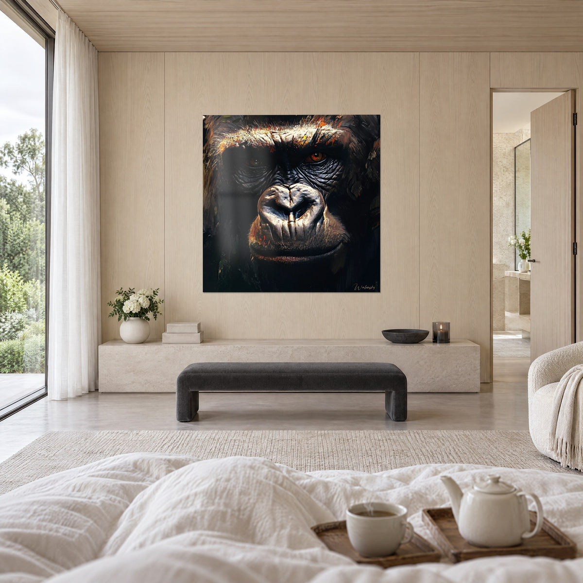 Quadro di scimmione massiccio dagli occhi di brace, narici grigie e ombre nere, due sagome, sopra un letto in una camera luminosa