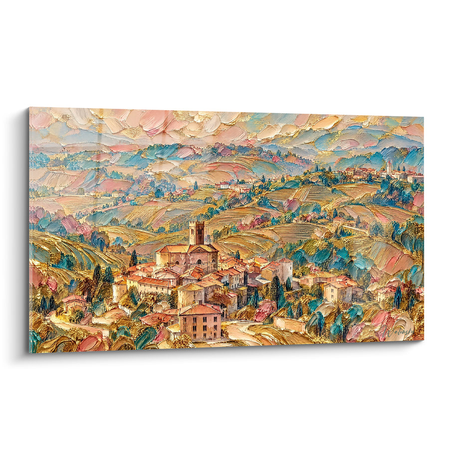 Tableau Village perché doré et turquoise sur collines - Lumière sur les collines - Edition Gorizia Frioul-Vénétie Julienne Italie