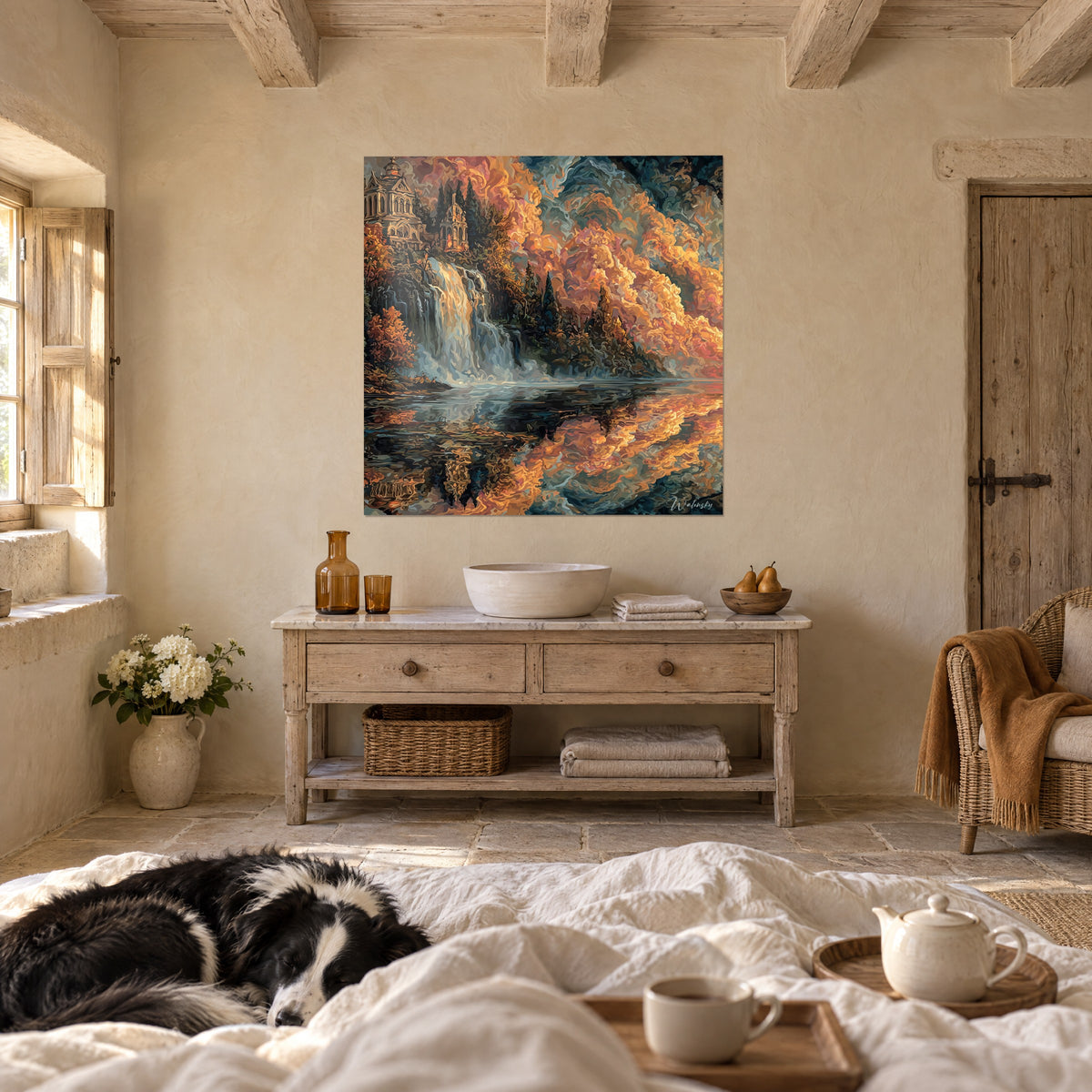 Wall art gothic mansion atop a waterfall, flames of orange foliage and midnight blue, above a bed in a bright bedroom