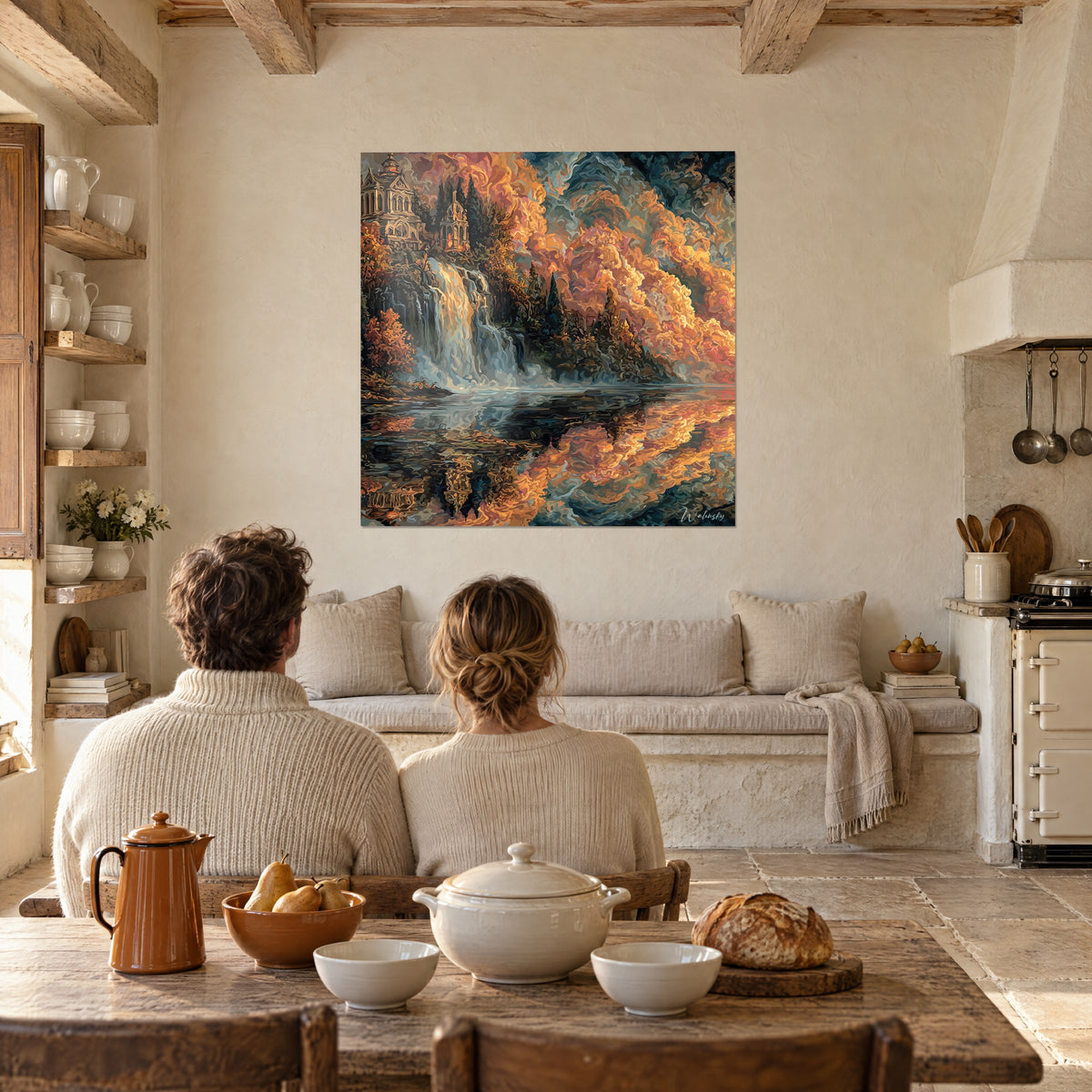 Wall art autumn forest ablaze around a waterfall, ochre towers, golden and green reflections, view from a rustic kitchen table