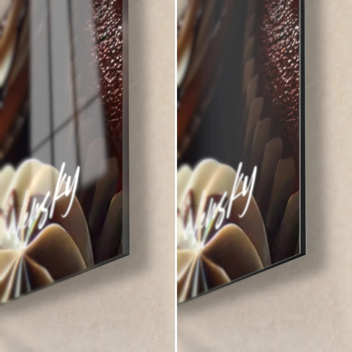 Wall art muffins topped with pink and brown cream, glossy glass corner at bottom left, matte Dibond aluminium on the right, 3 mm thickness