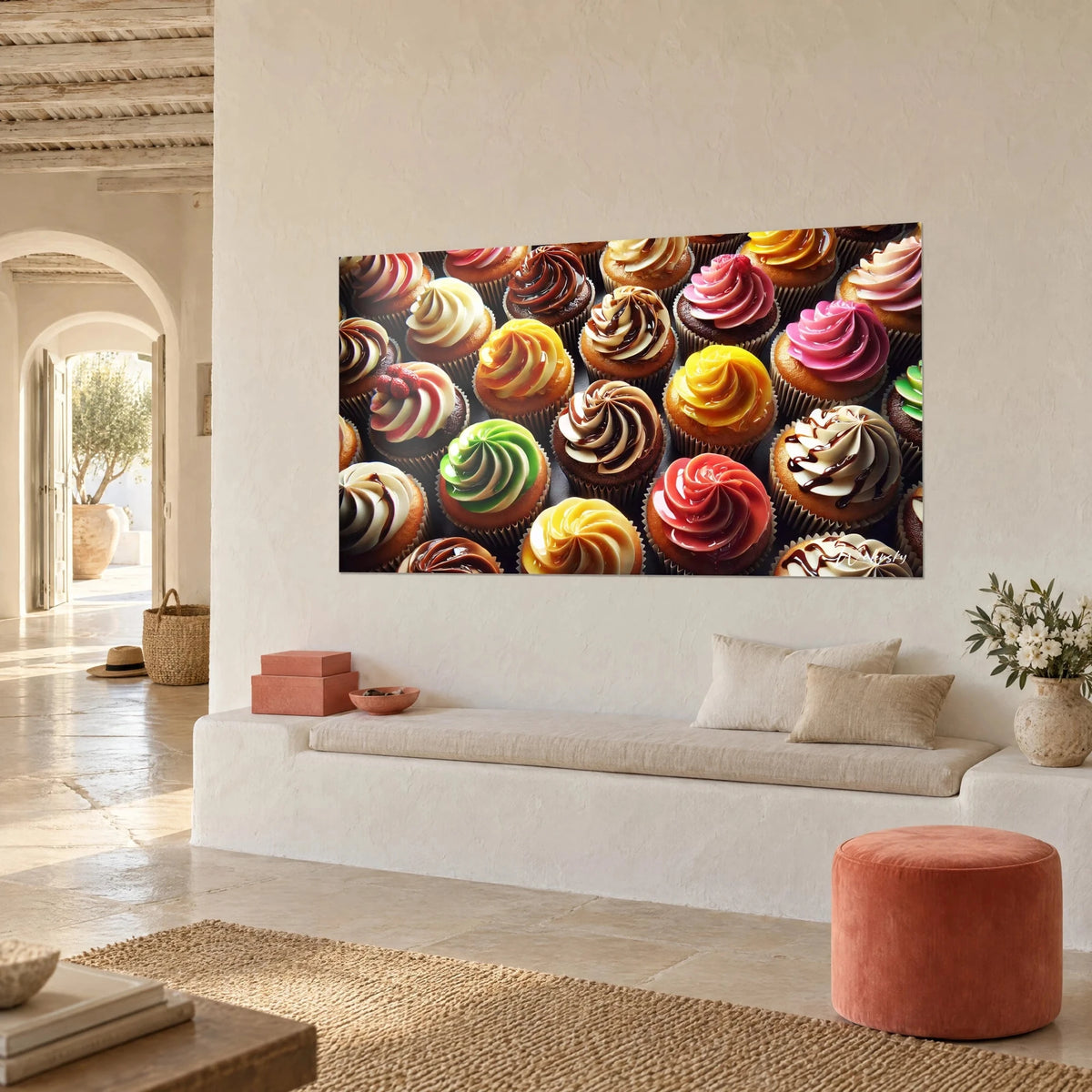 Wall art glazed pastries in lemon-yellow and chocolate spirals, grey pleated cases, three-quarter view in a corner of a living room