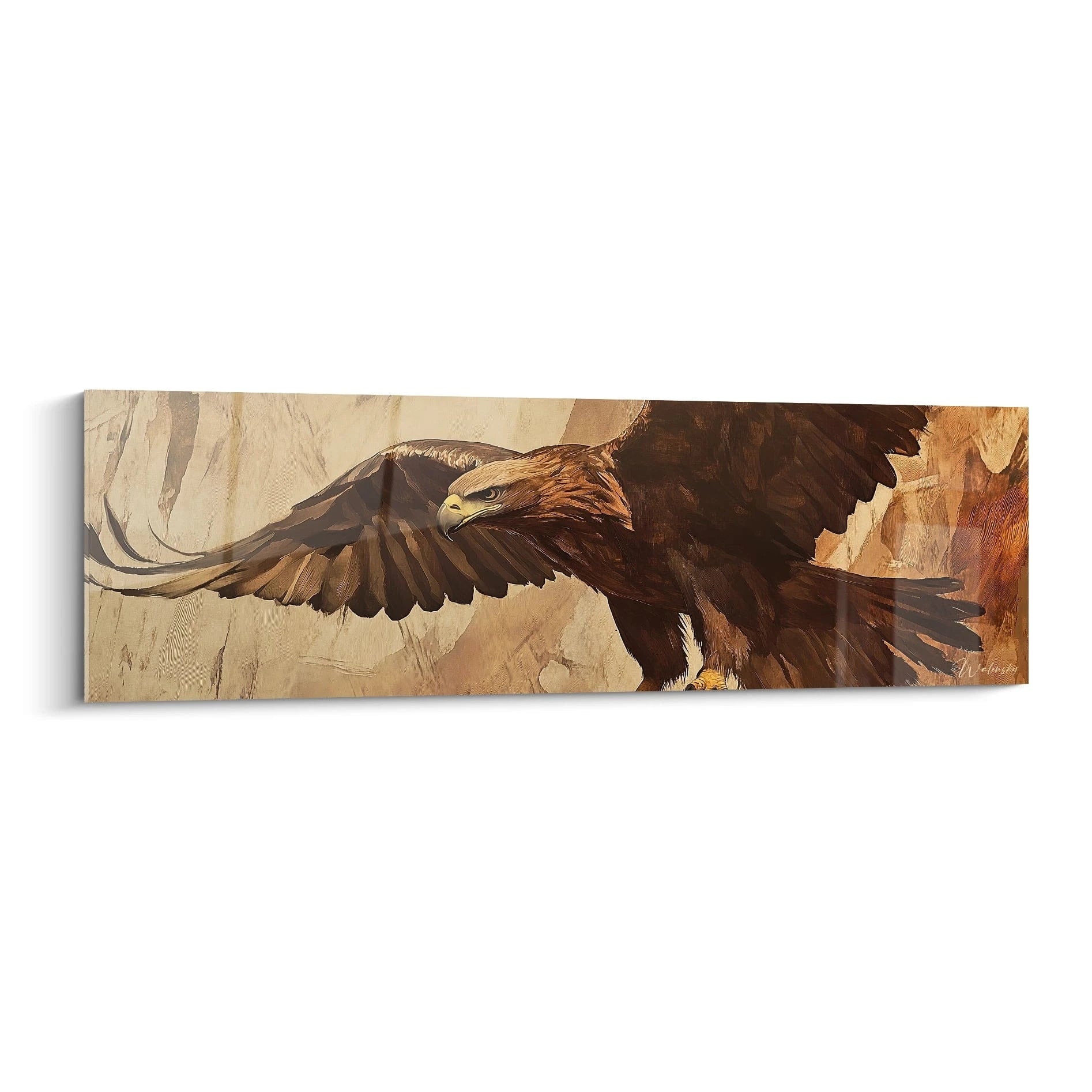 Tableau aigle doré en plein vol avec des couleurs chaudes, signé par Walensky