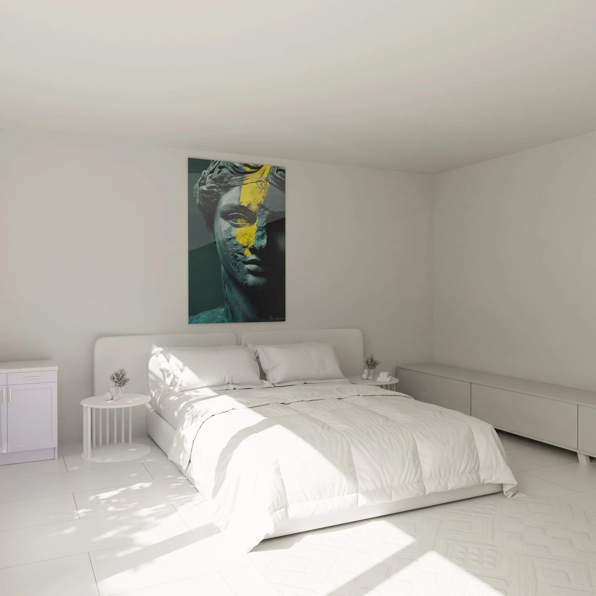 Un tableau statue marbrée présentant un visage classique traversé par une ligne jaune vif. Composition en gros plan sur fond vert-bleu profond, textures granuleuses imitant la pierre érodée et surfaces lisses contrastant avec l'intervention graphique moderne.
