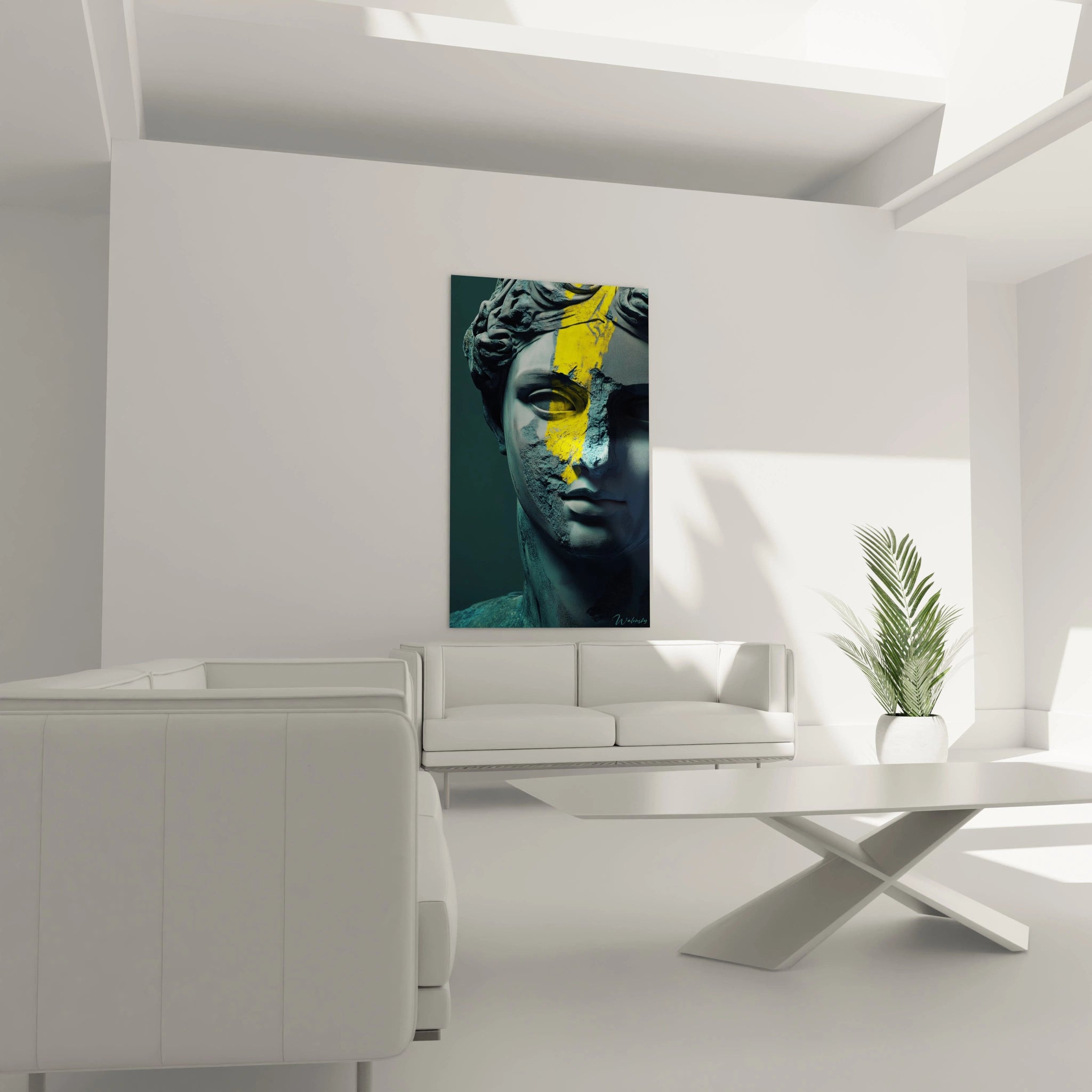 Un tableau statue néoclassique modernisé par une intervention chromatique jaune éclatante. Profil de marbre aux teintes bleu-gris sur fond sombre, détails sculptés en relief avec jeux d'ombres prononcés et traitement texturé évoquant la pierre ancienne.
