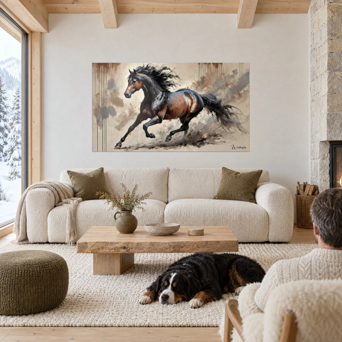 Quadro stallone baio al galoppo, criniera nera come una tempesta e fondi beige talpa, sopra un divano in un soggiorno luminoso