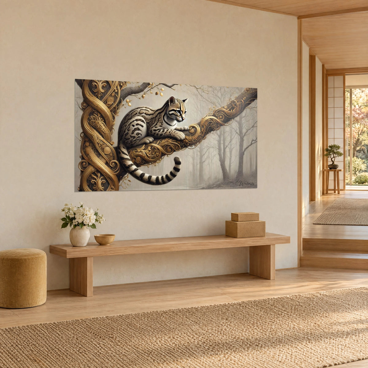Wall art of a striped and spotted wildcat, black-ringed tail hanging down, twisted trunk in gold and ochre, cream wall of a Japandi hallway