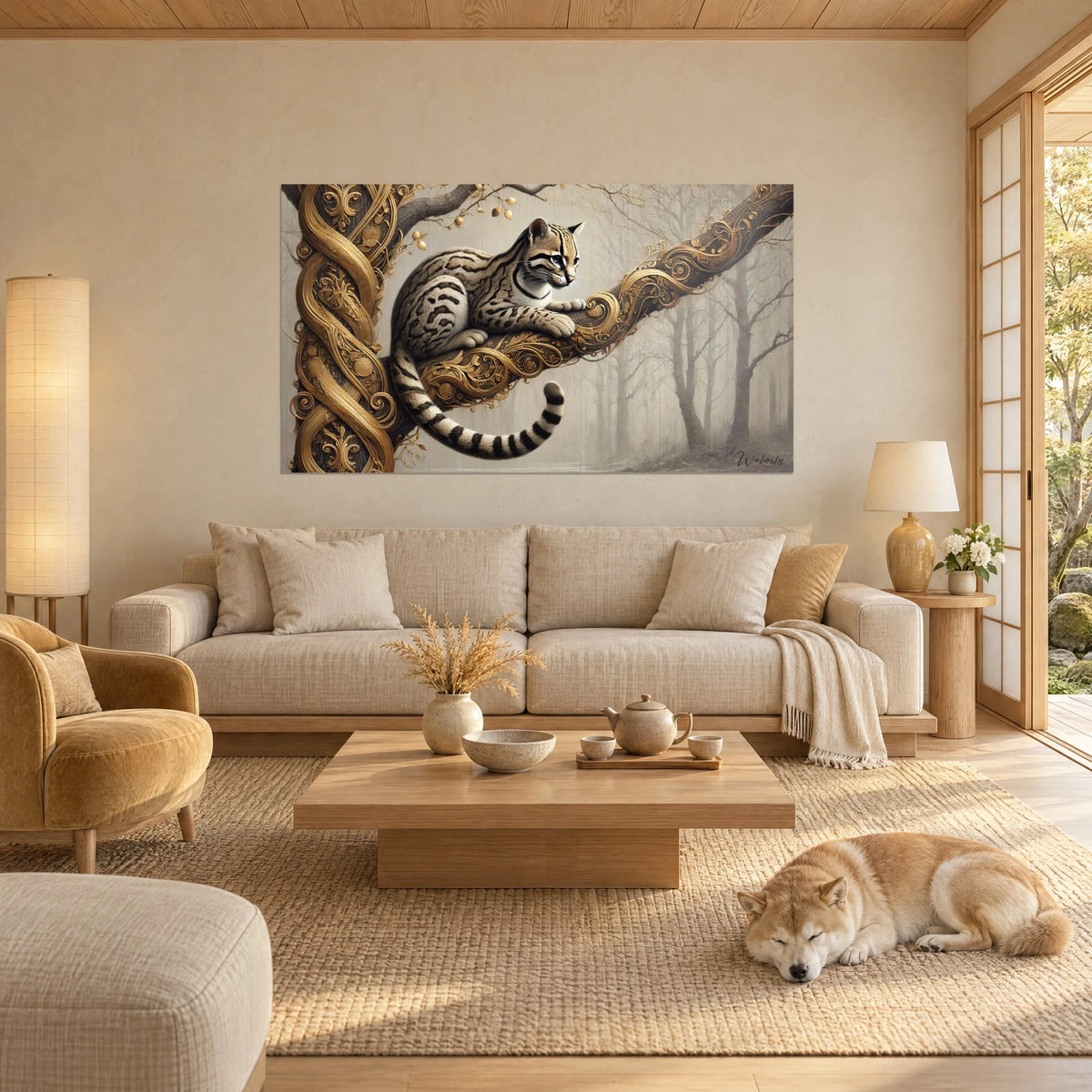 Wall art of a spotted ocelot curled on its branch adorned with golden scrolls, beige misty forest background, above a sofa in a bright living room