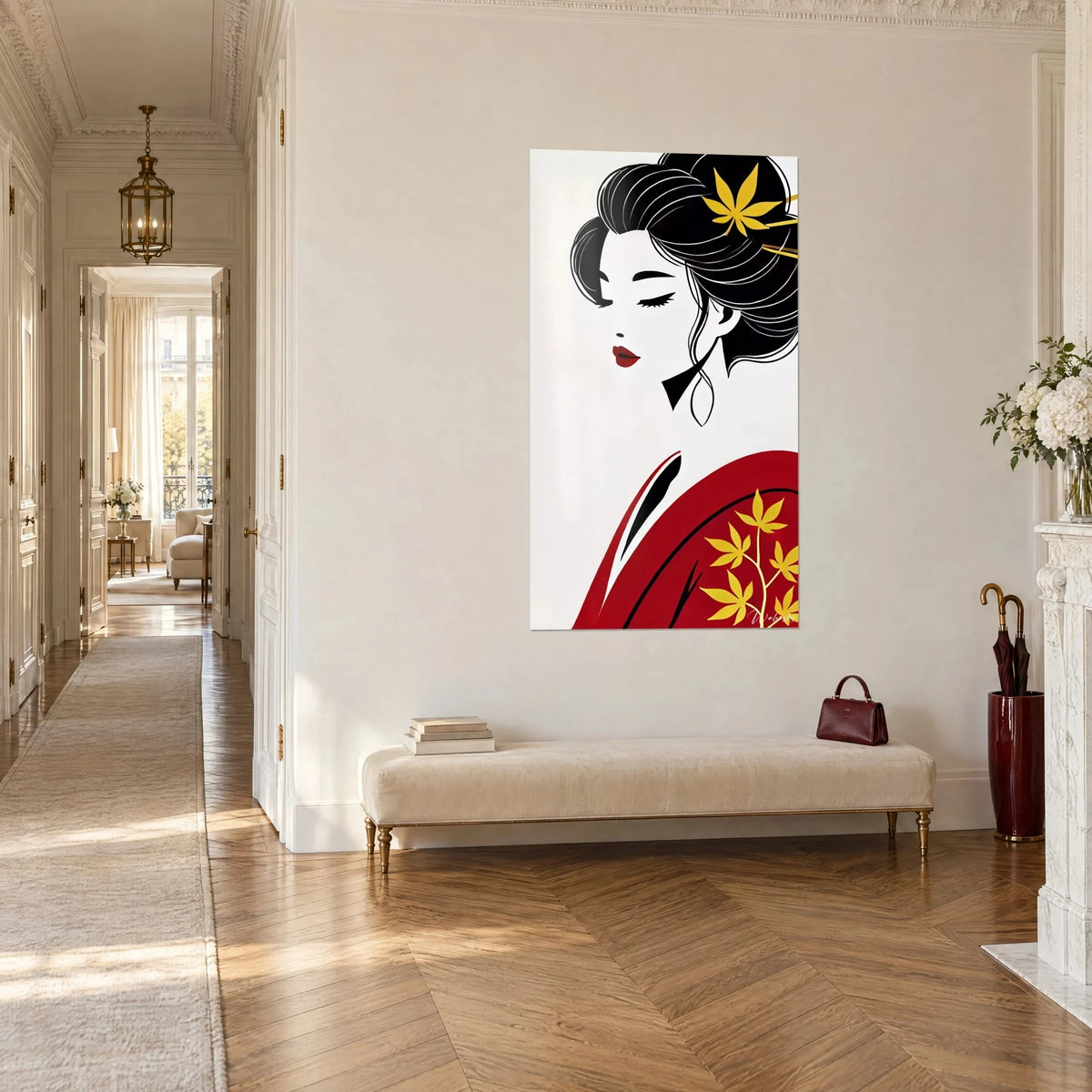 Tableau portrait stylisé d'une japonaise au chignon noir et feuille d'érable jaune, kimono rouge, vue de trois-quarts dans un couloir haussmannien