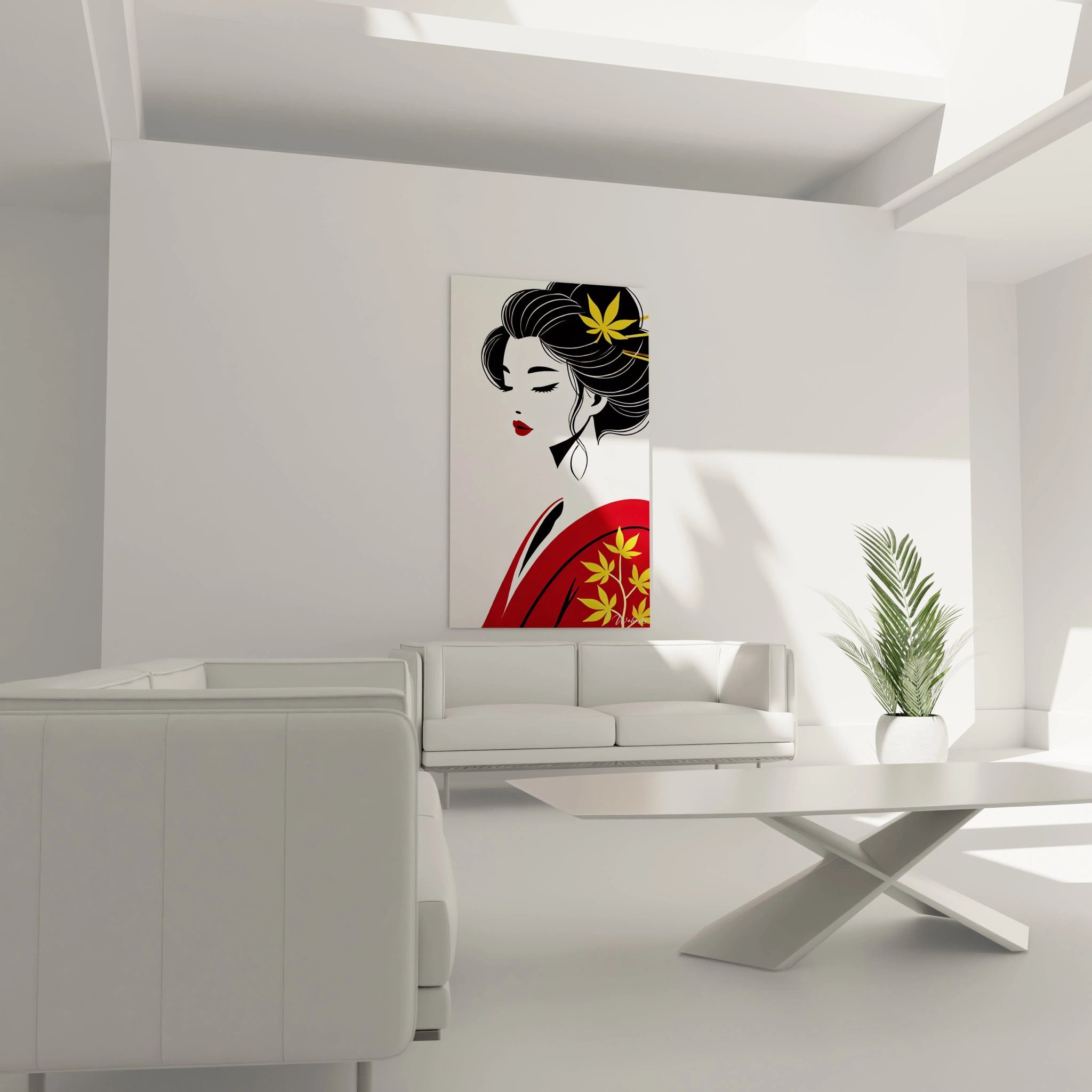 tableau asiatique dans un salon moderne au-dessus d'un canape teintes rouges et noires forte presence figure feminine en meditation lignes epurees pour une harmonie culturelle et elegante

