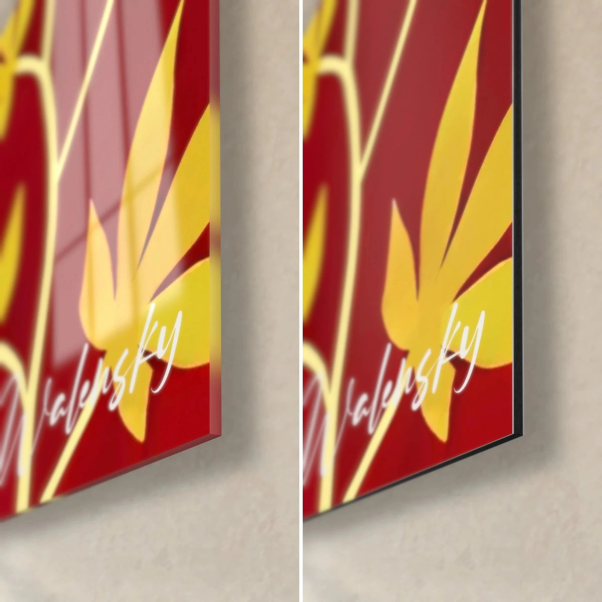 Tableau geisha en kimono rouge, feuilles d'érable jaunes au coin bas droit, verre acrylique brillant et alu Dibond mat, tranche de 3 mm