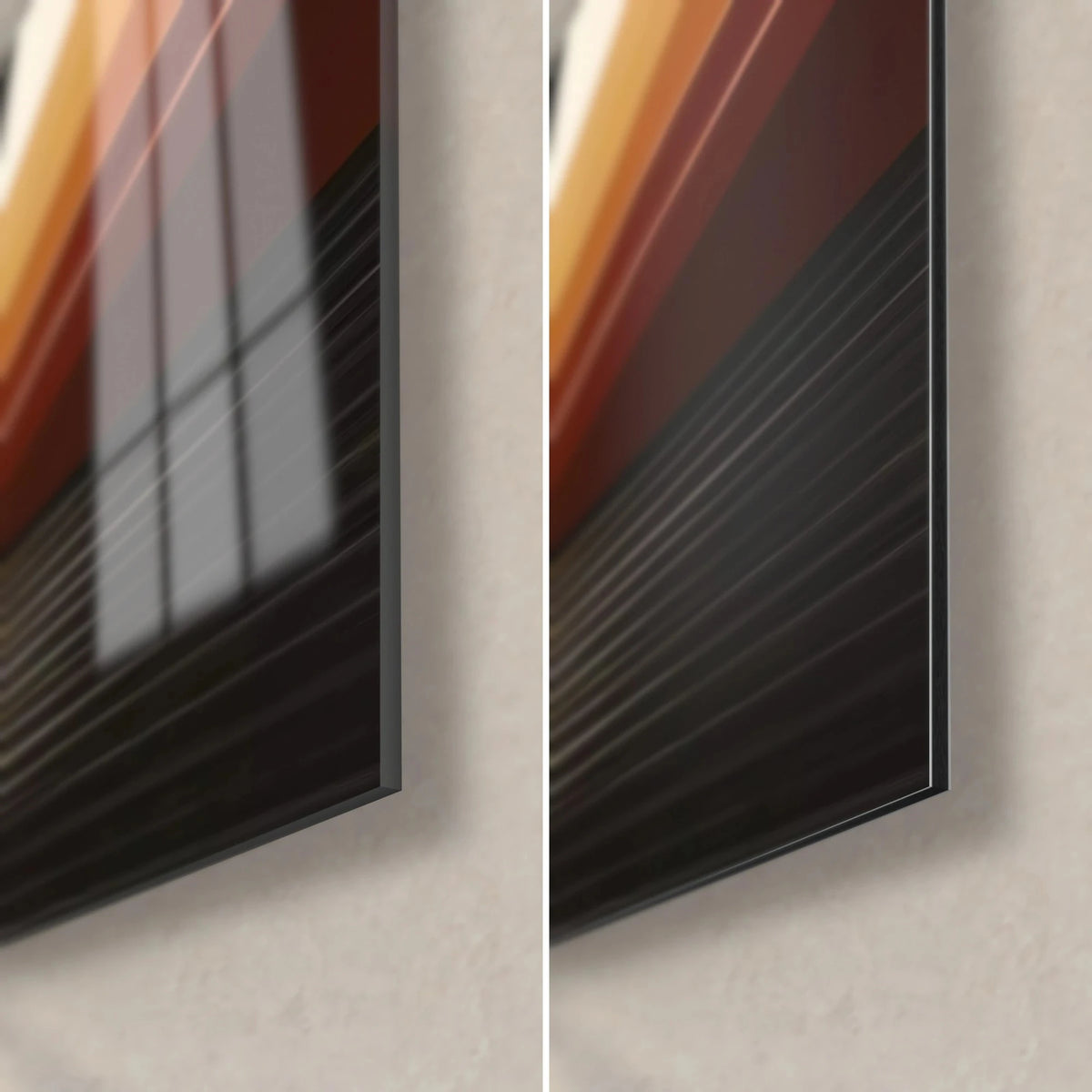 Tableau femmes à la jarre et à la coupe, coin bas droit : verre acrylique brillant à gauche, Dibond noir mat à droite, tranche 3 mm