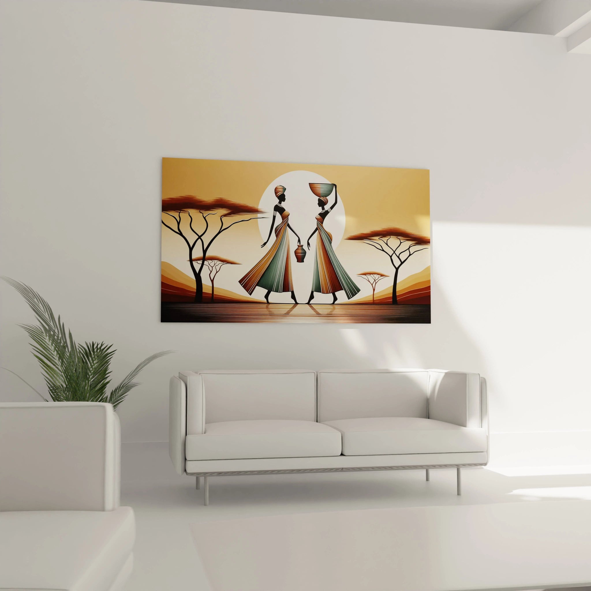 Le tableau africain dans le salon, au-dessus du canapé, apporte une touche chaleureuse et authentique, évoquant la beauté de la savane et la vitalité des figures féminines en harmonie avec la nature.

