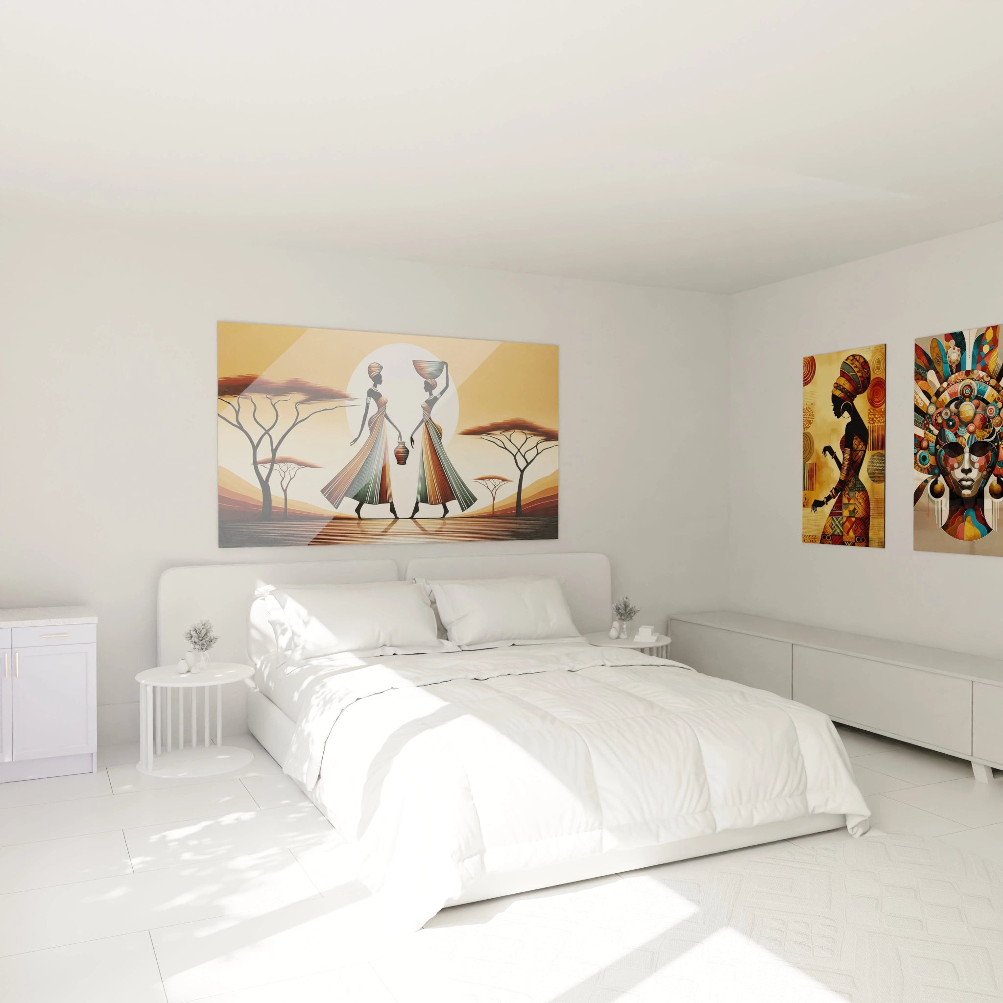 Ce tableau africain au-dessus du lit crée une ambiance calme et élégante avec ses teintes de beige et marron, symbolisant la connexion entre les femmes et la nature dans un décor paisible.

