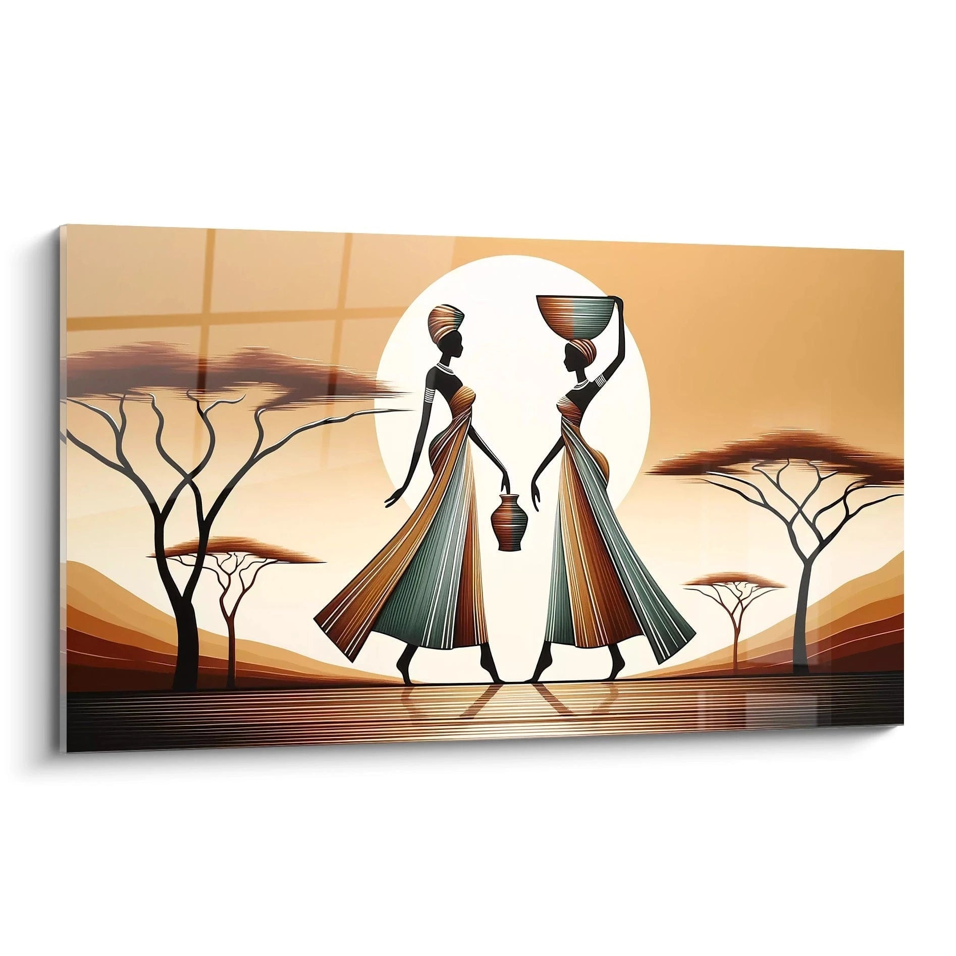 Tableau africain montrant deux femmes portant jarres dans la savane, leurs silhouettes élancées se détachant contre un fond doré et apaisant, une scène empreinte de sérénité et de chaleur naturelle.


