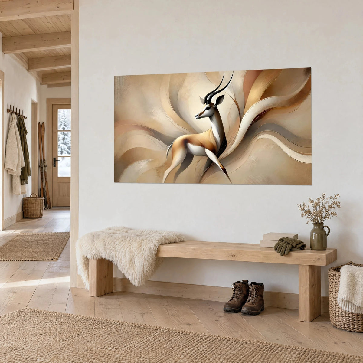 Tableau antilope élancée aux courbes ocre et crème, fond abstrait sable, sur un mur blanc de couloir en chalet