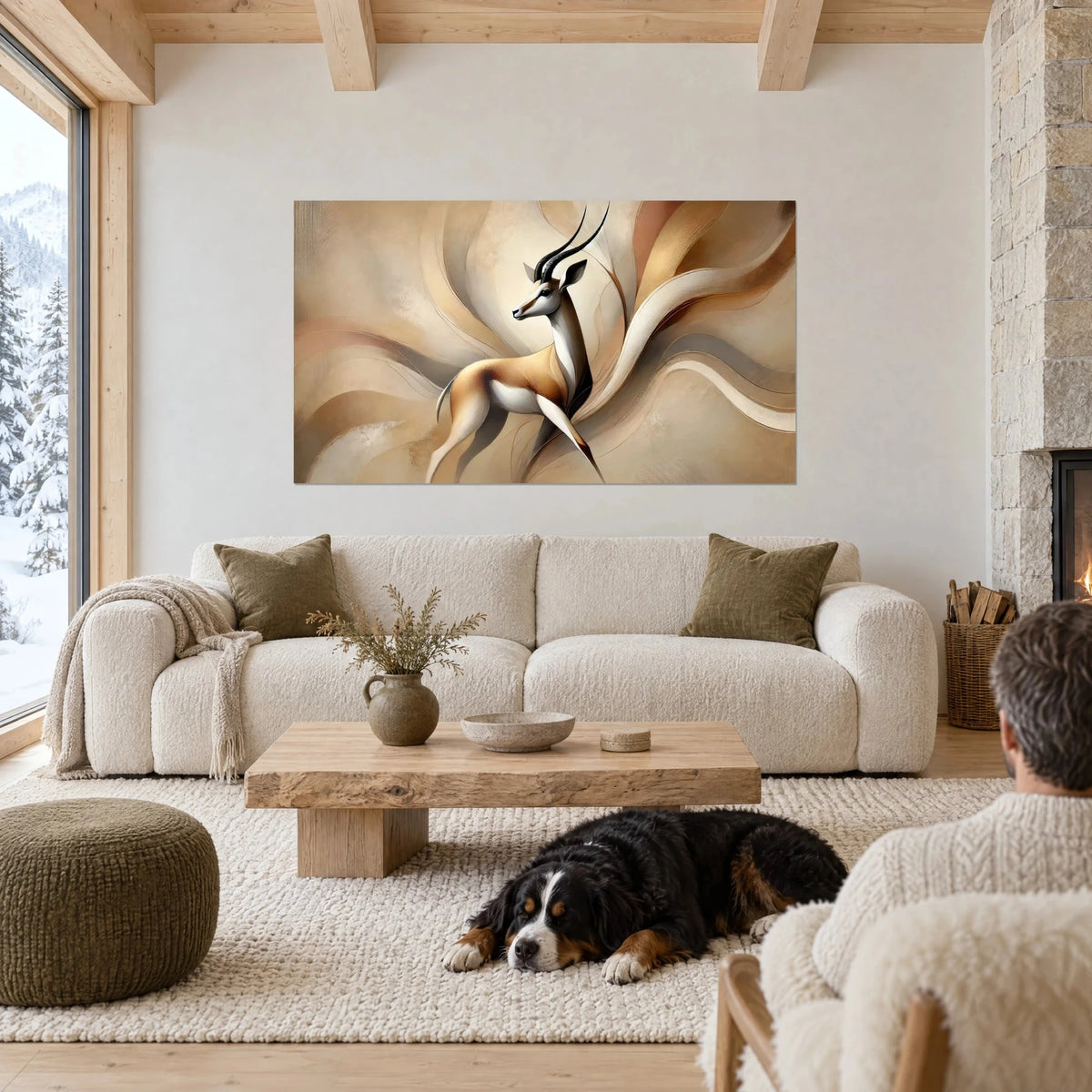 Tableau gazelle aux cornes noires effilées, beige sable et blanc, au-dessus d'un canapé dans un salon lumineux