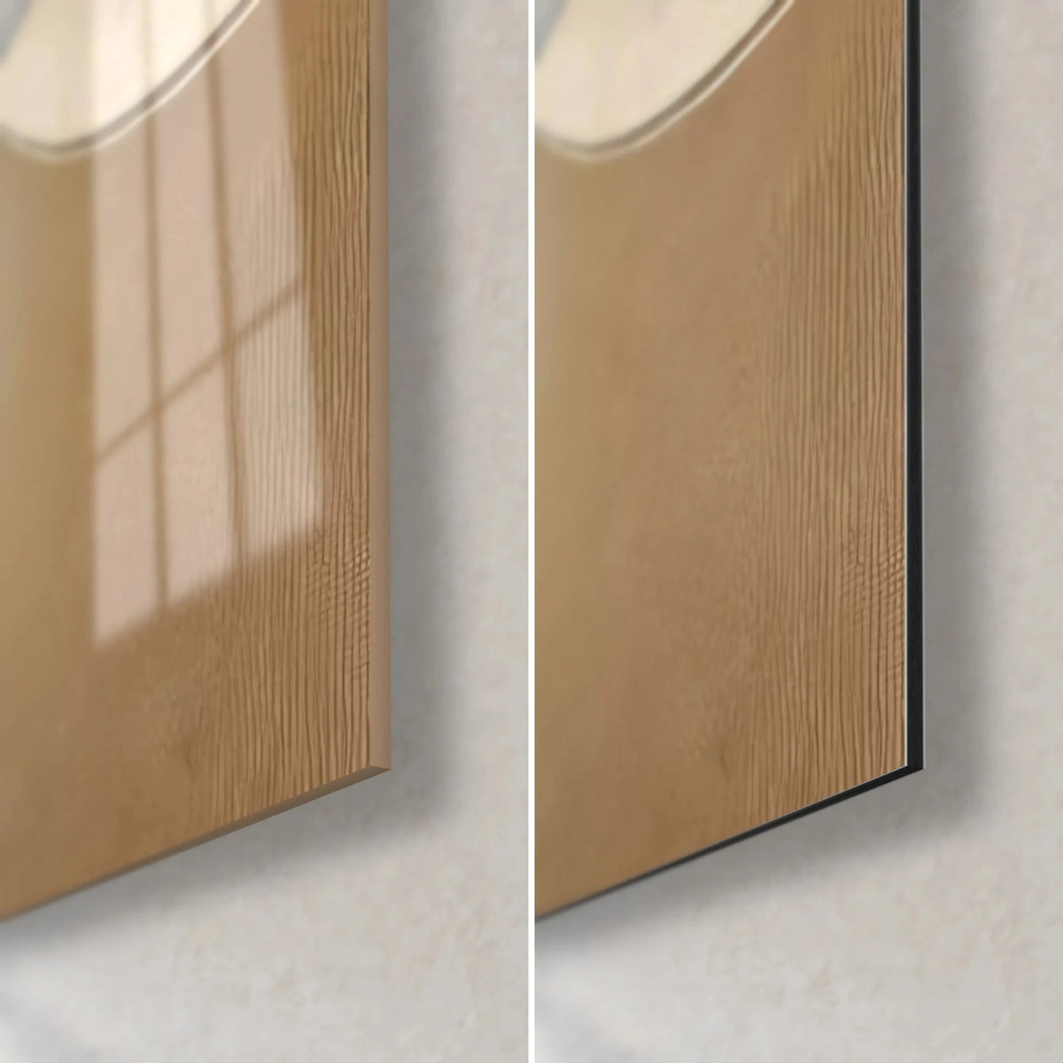 Tableau gazelle abstraite ocre et blanc, coin bas droit : verre acrylique brillant et aluminium Dibond mat noir