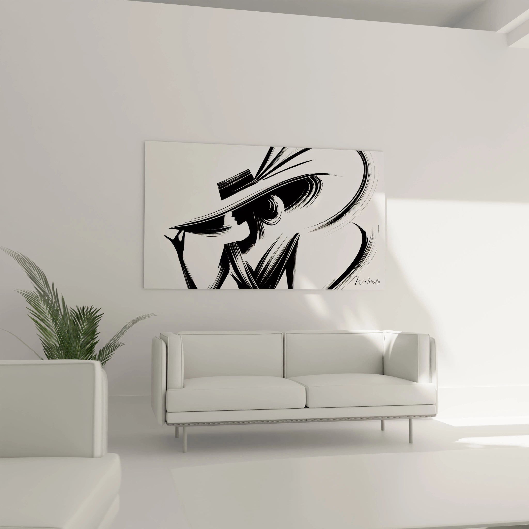 Dans un salon : tableau noir et blanc accroché au-dessus du canapé, contraste dramatique avec les teintes neutres. L’élégance des courbes attire le regard et crée une atmosphère sophistiquée.

