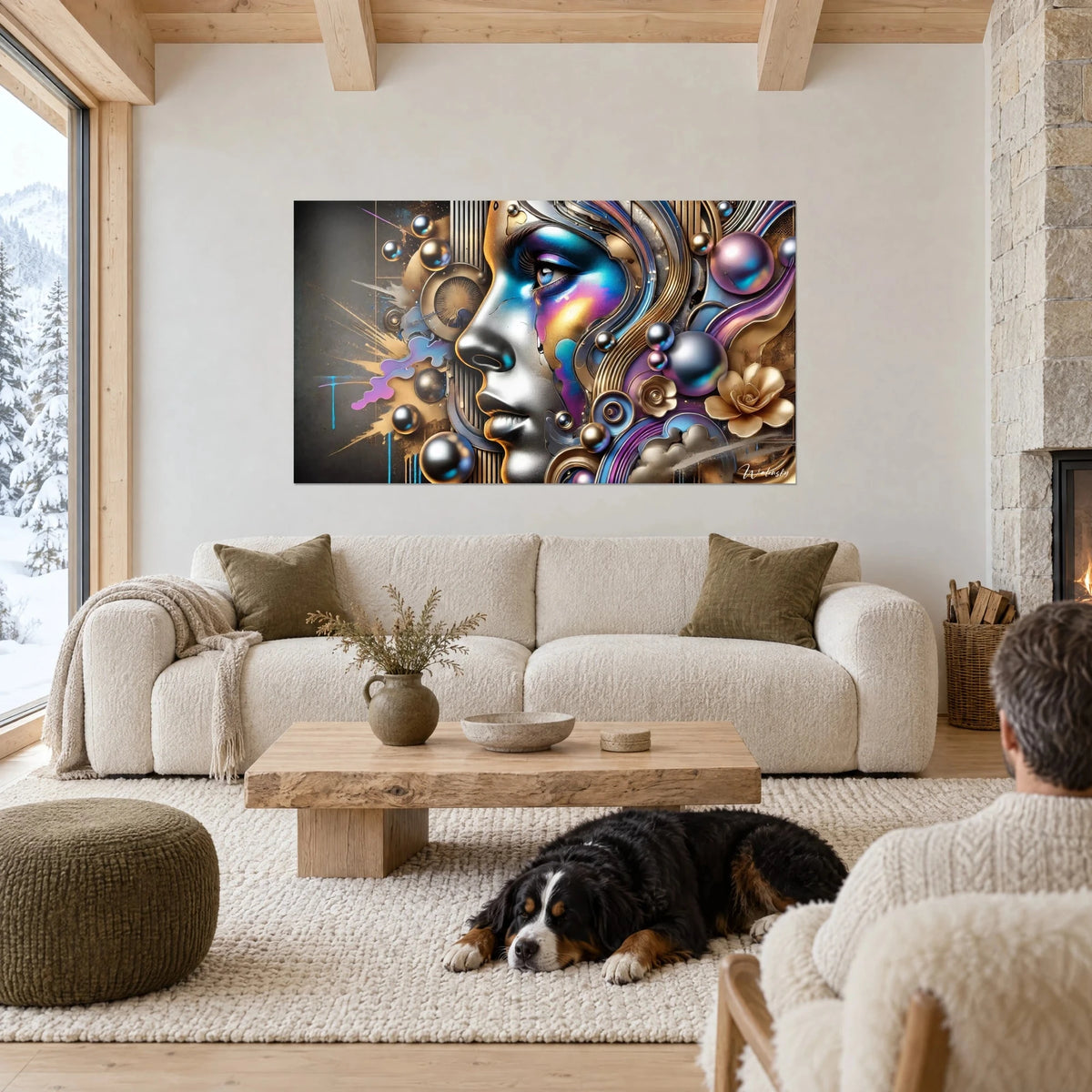 Gemälde Profil einer Frau in verchromter Optik mit blauen und violetten Reflexen, goldene Kugeln, über einem Sofa in einem hellen Wohnzimmer