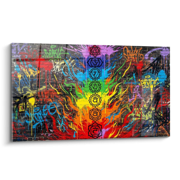 Cuadro Mural Graffiti Espiritual con Siete Símbolos Sagrados - Despertar Urbano - Edición Chakras