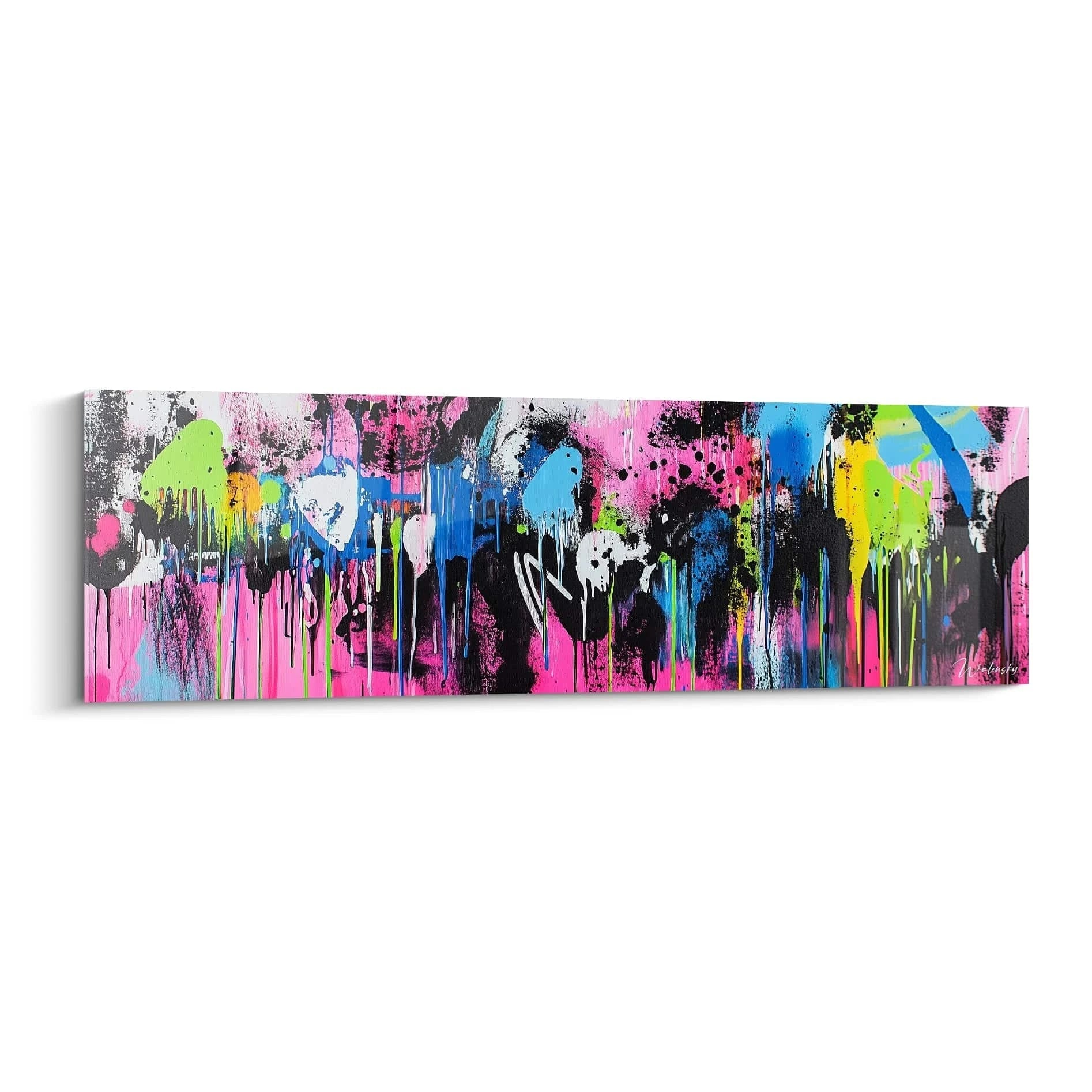 Un tableau street art abstrait présentant des coulées de peinture verticales en rose vif, bleu électrique, jaune et vert, avec des éclaboussures noires sur fond rose, créant un effet de mouvement dynamique et spontané.
