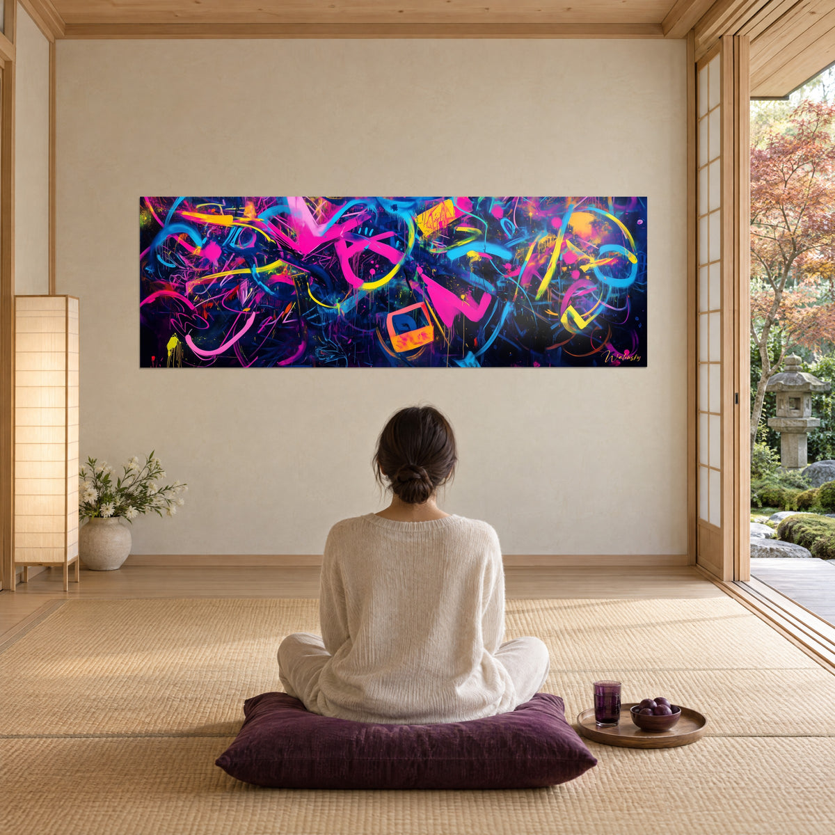 Gemälde Panorama aus Leuchtgraffiti, rosa und blaue Spiralen auf tiefem Schwarz, eine Frau sitzt von hinten auf einem Pflaumenkissen und blickt darauf