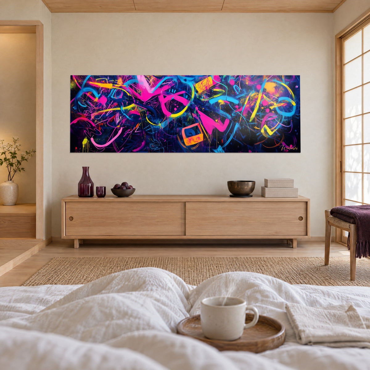 Gemälde urbane Kalligrafie mit Arabesken in Cyanblau und leuchtendem Orange auf Nachtschwarz, rosa Farbspritzer, über einem Bett in einem hellen Schlafzimmer
