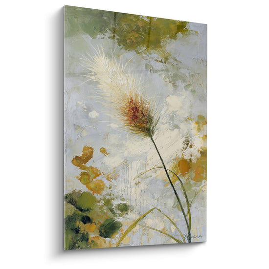 Tableau graminée dorée sur fond blanc avec taches vertes et orange abstraites edition graminées