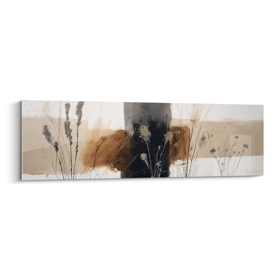 Abstract schilderij in oker-, zwart- en beigetinten met delicate plantensilhouetten - Natuurlijke Harmonie - Graslanden Editie
