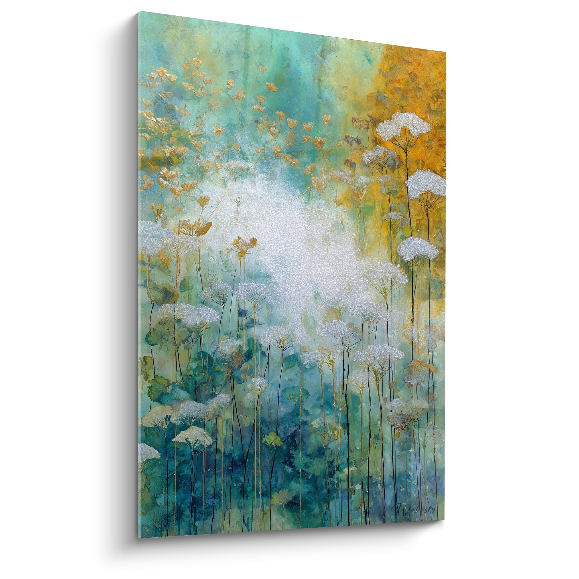 Watercolor painting white grasses turquoise golden mist ethereal natural atmosphere grasses edition