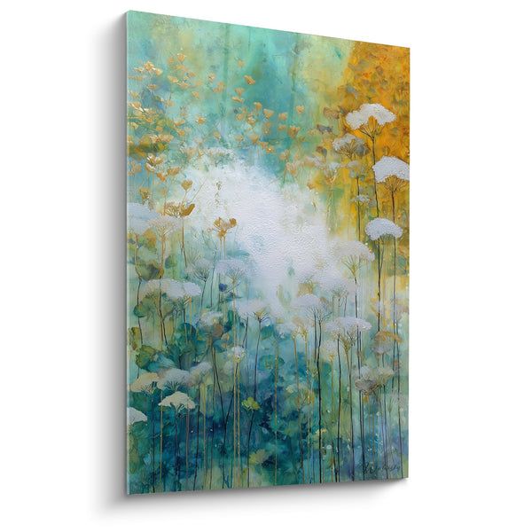 Tableau aquarelle graminées blanches sur fond turquoise et doré - Brume Végétale - Edition Graminées