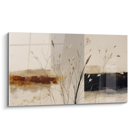 Tableau abstrait beige et noir avec graminées délicates style minimaliste prairie automnale