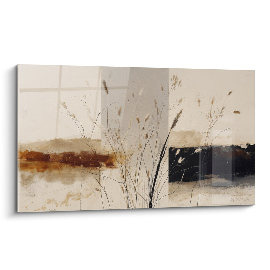 Tableau abstrait beige et noir avec herbes sauvages délicates - Prairie Minimaliste - Edition Graminées