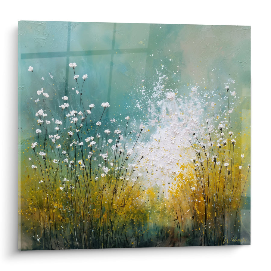Tableau herbes sauvages et fleurs blanches fond turquoise - Douceur champêtre - Edition Graminées
