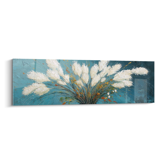 Tabelau pluizenvuil pluisjes op turquoise achtergrond met gouden accenten - Planten elegantie - Editie Graminées