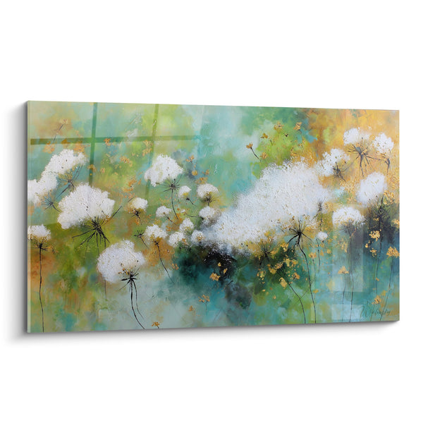 Schilderij van witte pluizige bloemen op een turquoise en oker achtergrond - Zachte vaporositeit - Graminée Editie
