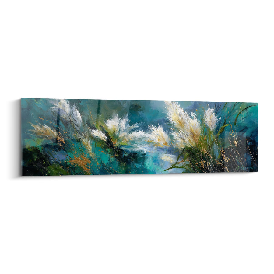 Tableau graminées blanches ondulant dans un paysage turquoise et vert - Souffle de nature - Edition Graminées