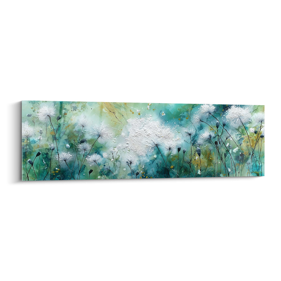 Schilderij Witte Grassen op Turquoise en Groene Achtergrond - Waterverf Weide - Editie Grasland