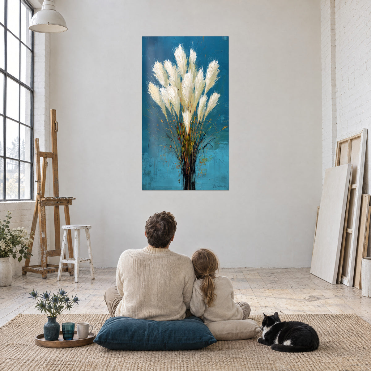 Schilderij rietpluk met crèmekleurige veren op lucht­blauwe achtergrond, kunstenaarsatelier, ouder en kind van achteren, tuxedokat