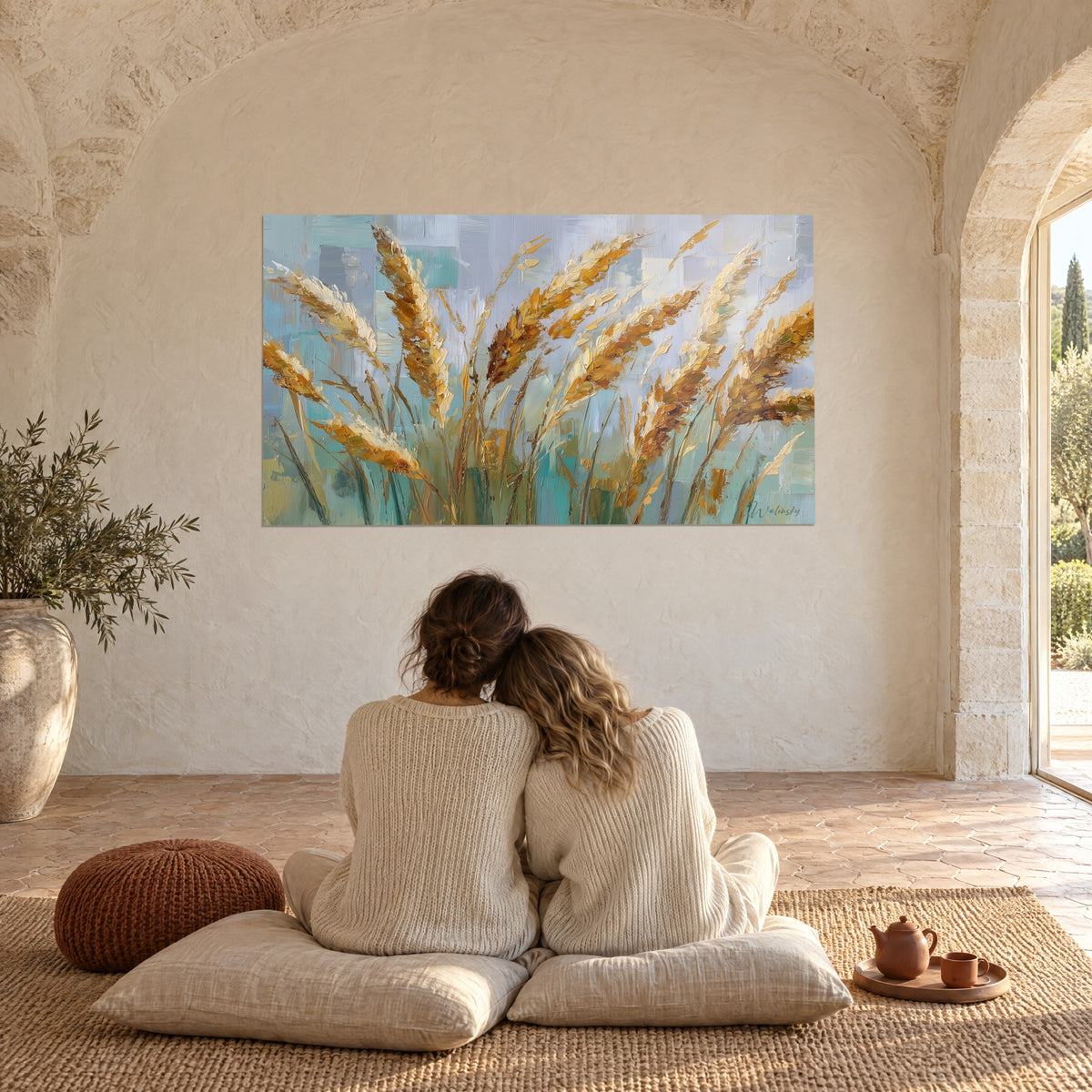 Schilderij van een bundel honing- en ivoorkleurige graanhalmen op een turquoise mozaïek, bekeken door een omhelsd koppel op crèmekleurige kussens