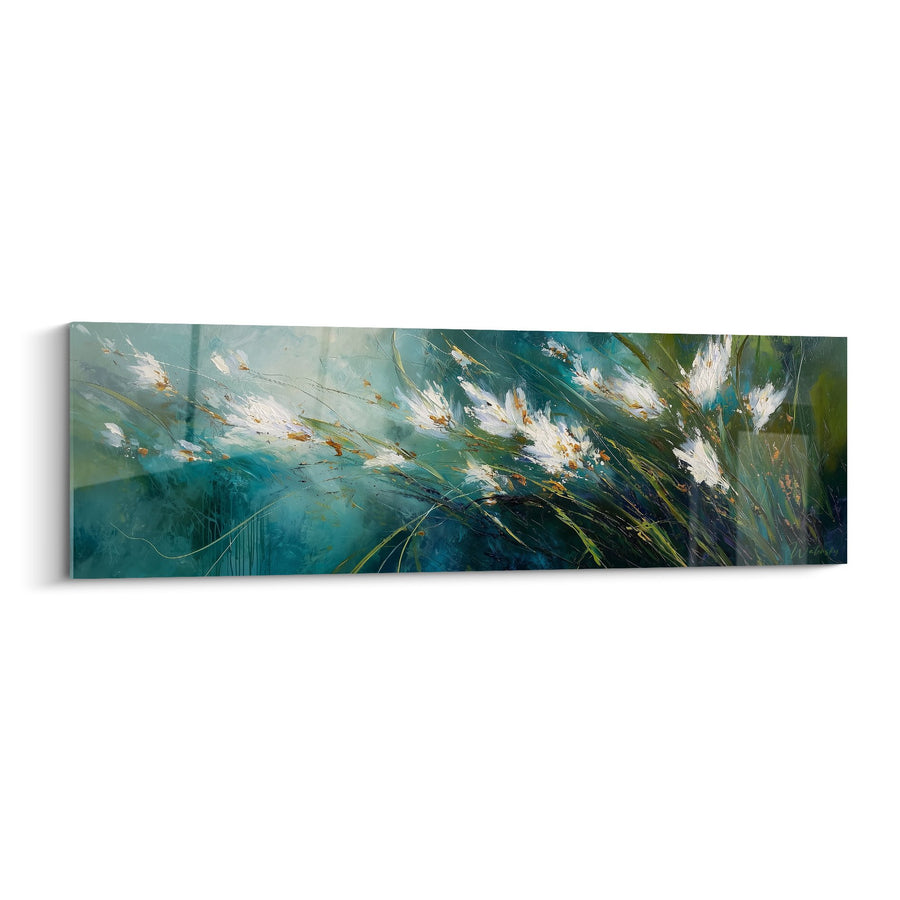 Tableau herbes sauvages dansantes turquoise et blanc avec touches dorées - Mouvement Naturel - Edition Graminées