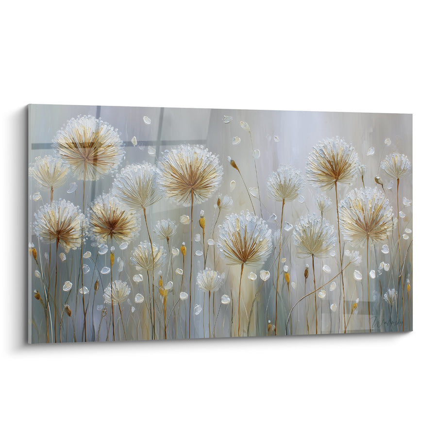 Tableau Graminées soyeuses dorées et blanches sur fond brumeux gris - Jardin Onirique - Edition Graminées