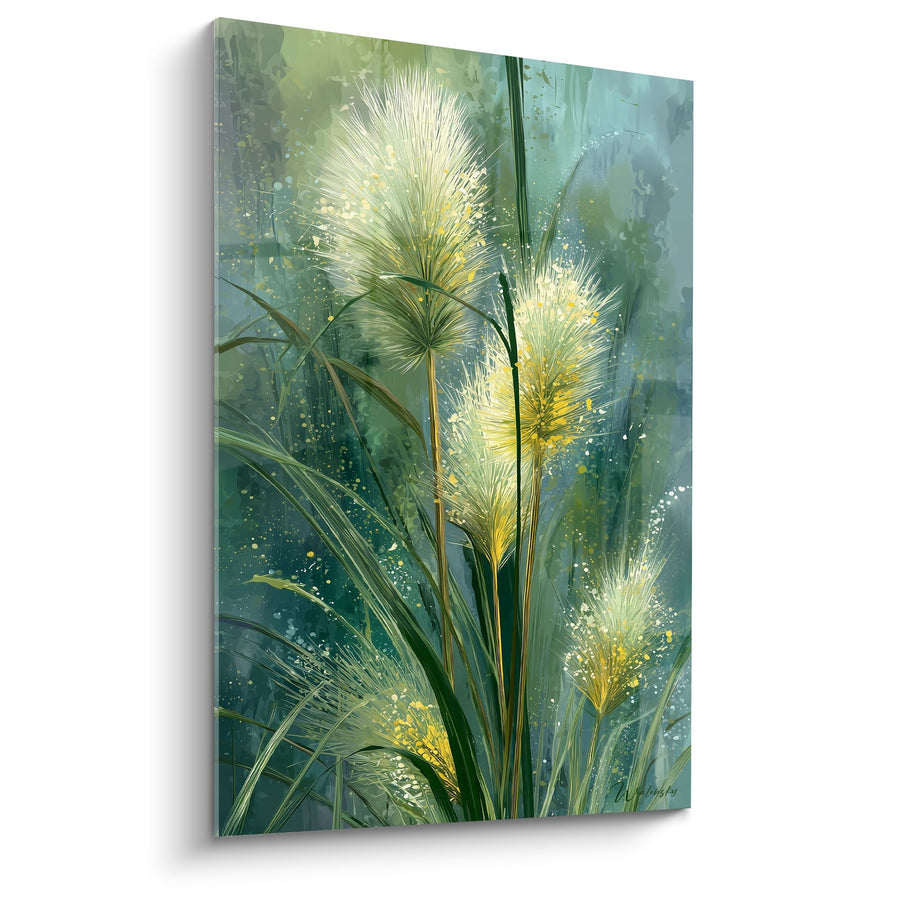 Schilderij Gouden Kruiden met Blauwgroene Tinten en Lichteffecten - Zachte Natuurlijkheid - Graslanden Editie